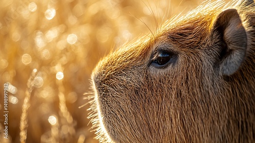 62. Capybara fur macro with bristly brown hairs, riverbank grass background