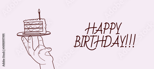 Birthday greeting card design with hand holds the cake and typography design. Abstract universal grunge artistic templates. For poster, business card, invitation, flyer, banner, email header