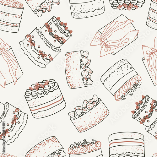 Pattern with holiday berry cupcake with meringue for stickers and decoration. Vector hand drawn elegant illustration in vintage sketch style. Cliparts for birthday, wedding valentines designs