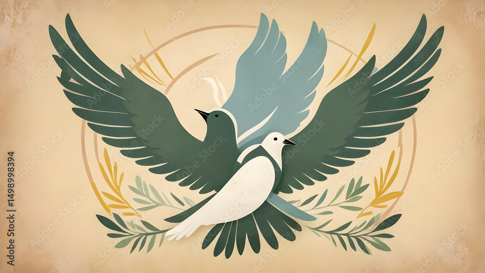 Obraz premium This retro political poster promotes themes of peace and unity through symbolic olive branches, doves, and joined hands. Utilizing muted pastel colors and textured backgrounds.