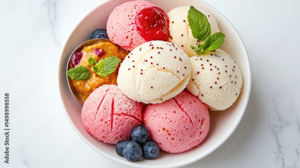 Colorful Ice Cream Selection in a Bowl with Fresh Berries and Mint Colorful Ice Cream Selection in a Bowl with Fresh Berries and Mint