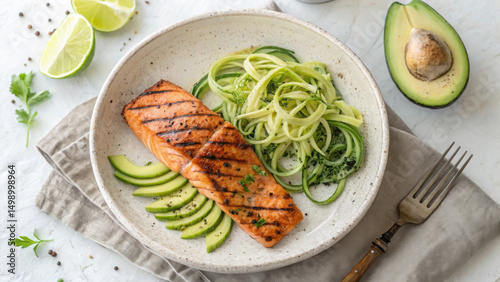 Grilled salmon served with zucchini noodles and avocado slices, garnished with lime