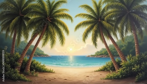 Tropical beach sunset with vibrant ocean and silhouetted palm trees creating a peaceful, sunny vacation and travel concept.