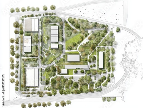 Technical schematic of a zero-carbon office park showing passive solar design, water recycling systems, and urban forests in the context of garden design