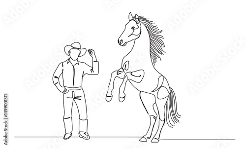 continuous single line art of a horse raising its front legs with its owner. a symbol of strength, speed, freedom, and intelligence.