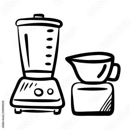 Blender and measuring cup illustration in minimalist black and white  for fitness  concept
