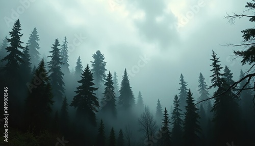 Misty forest landscape with dark green trees in deep fog. Mysterious nature scene and abstract background for tranquil mood.