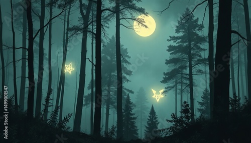 Beautiful full moon illuminating a mysterious spooky forest path with bare trees. Eerie night landscape for Halloween concept and scary mood.