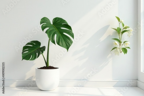 Large Monstera deliciosa in minimalist white room Potted plant against white wall , split leaf philodendron, illustration, clean photo