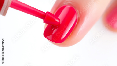 Bright red nail polish brush applying glossy nail lacquer on fingernail closeup, beauty and manicure concept with smooth skin and shiny finish