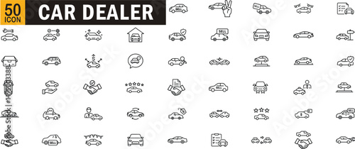Car dealer editable outline icon set. Sale, purchase, showroom, vehicle, dealership, agreement and more.
