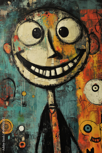 Contemporary art collage of happy man over colorful brush strokes background, Illustration poster, Eclectic style