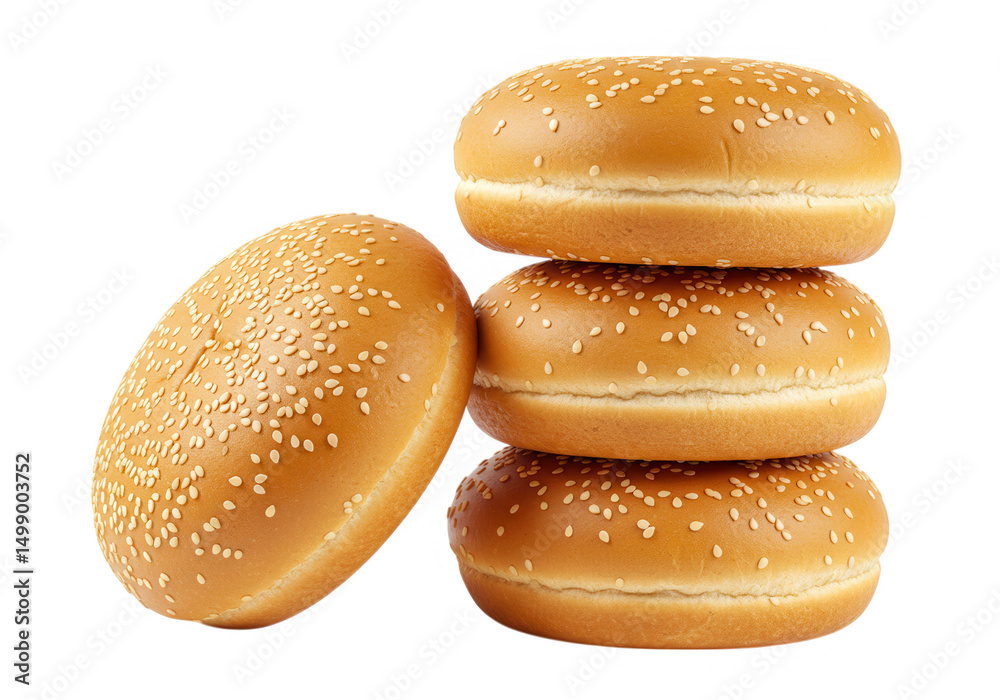 Fototapeta premium Four sesame seed burger buns isolated on transparent background