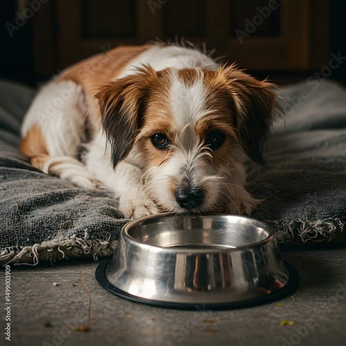 Cute Dog on Blanket by Bowl