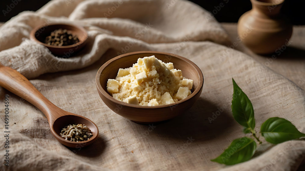 Parmesan Cheese in Wooden Bowl with Herbs and Basil Parmesan Cheese in Wooden Bowl with Herbs and Basil