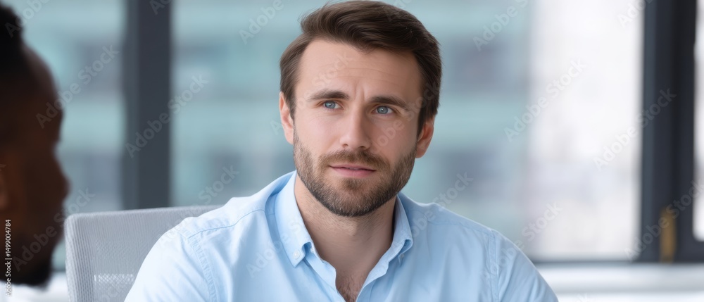 Business meeting featuring a thoughtful man in a light blue shirt, engaged in conversation with another person in a modern office setting. Business meeting featuring a thoughtful man in a light blue shirt, engaged in conversation with another person in a modern office setting.