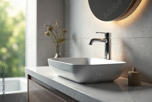 Modern bathroom sink with sleek faucet and minimalist design , room, simple, interior