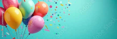 Floating colorful balloons & confetti shower against turquoise, festive background, abstract