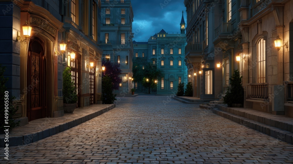Obraz premium Charming nighttime street scene with cobblestone pavement and illuminated buildings under a dramatic sky.