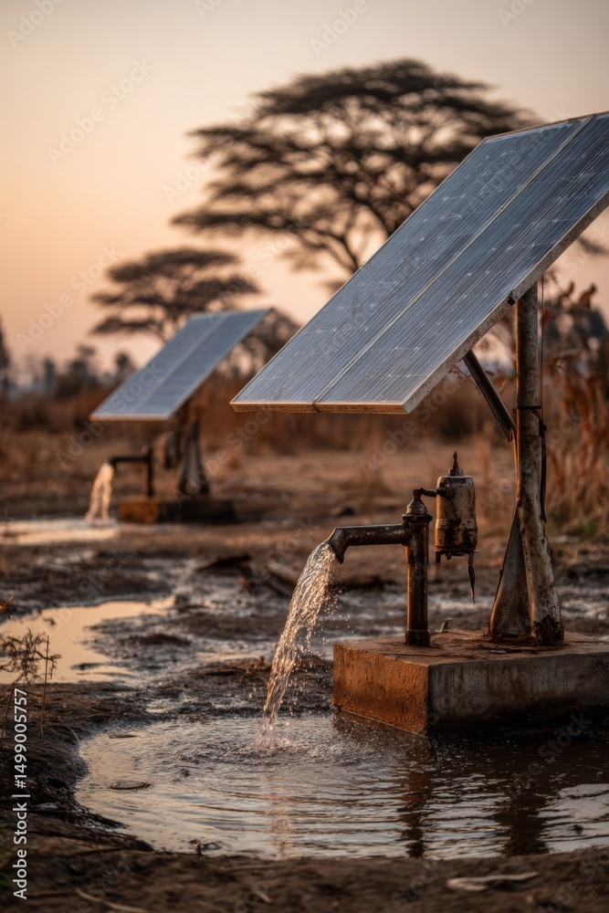 Fototapeta premium Solar Powered Water Pump in Arid Landscape at Sunset