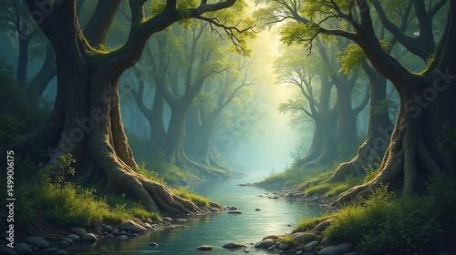 A serene river flowing through a mystical forest bathed in sunlight