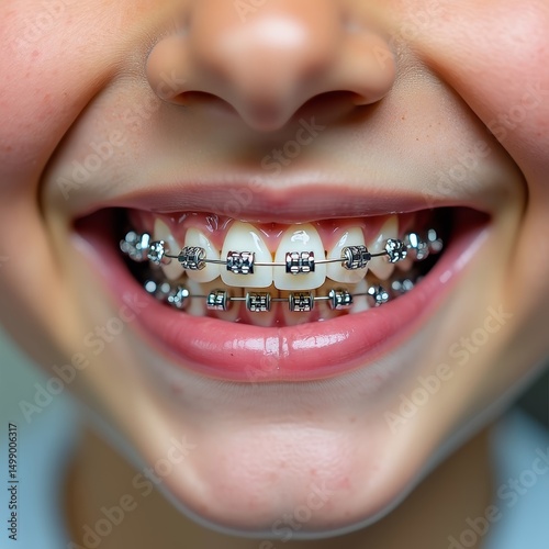 Close-up view of caucasian teen with metal braces and perfect smile