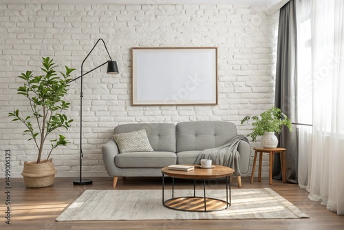 Modern Minimalist Living Room Featuring a White Brick Wall, Beige Sofa, Wooden Coffee Table, Indoor Plant, Floor Lamp, and Framed Artwork with Cozy Scandinavian-Inspired Comfortable Interior Design