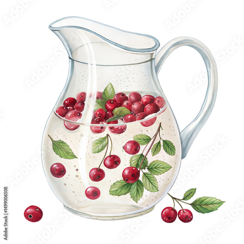 Refreshing cherry drink glistens inside a clear glass pitcher, isolated on transparent background