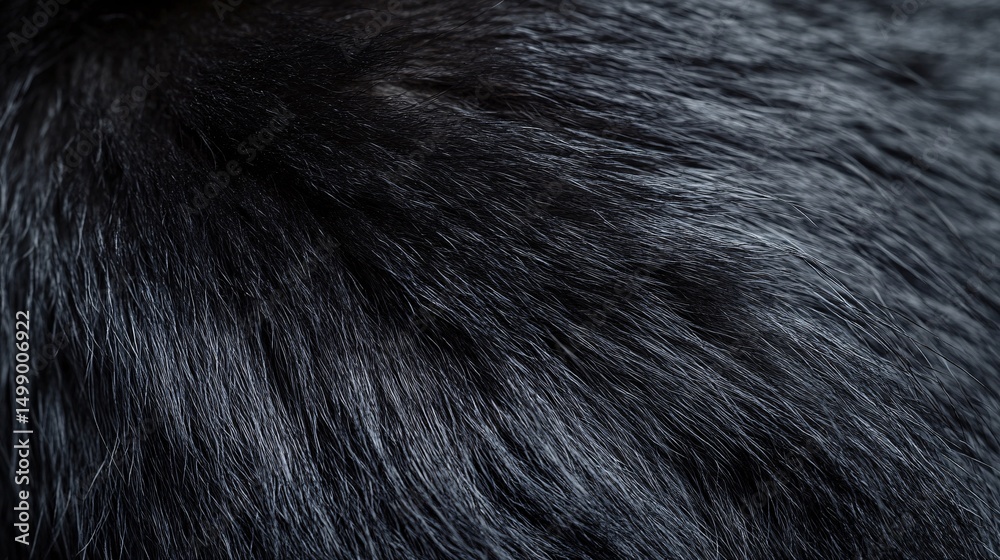 Fototapeta premium Black lemur fur macro, silky dark coat, Madagascar forest background