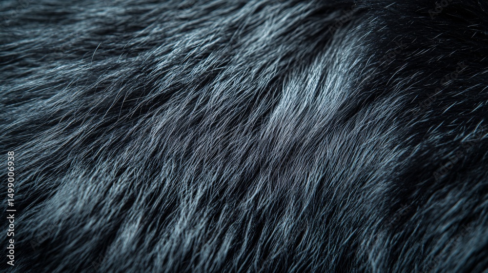 Fototapeta premium Black lemur fur macro, silky dark coat, Madagascar forest background