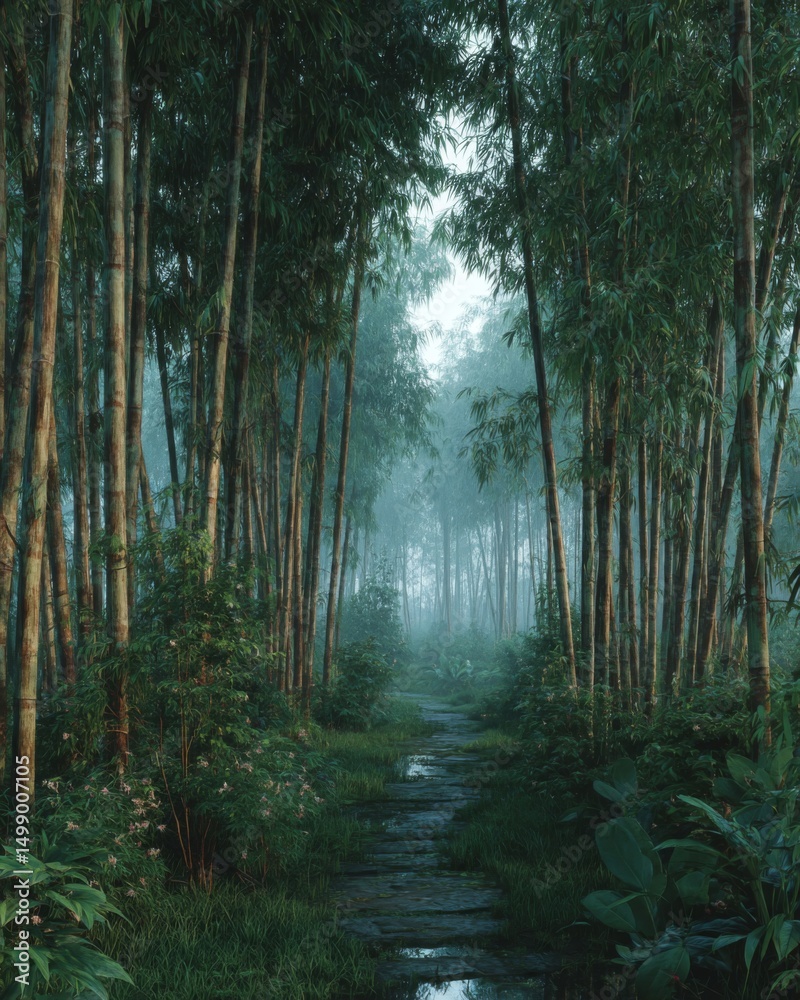 Fototapeta premium Misty Forest Path: Green Trees and Stone Walkway