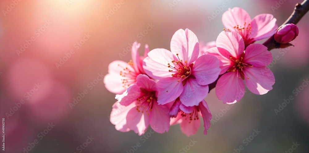Obraz premium Close-up of vibrant spring blossoms on a flowering branch, sunlight illuminating delicate petals, signifying renewal and new beginnings , peaceful, optimism