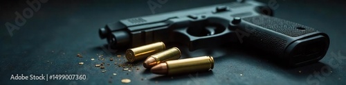 Close-up of a loaded handgun, ammunition visible, on a dark surface, emphasizing the dangerous nature of readily available weapons ,  object,  still life photo