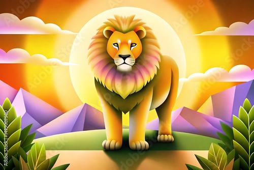 Illustration of a majestic lion in a vibrant sunset landscape generative ai