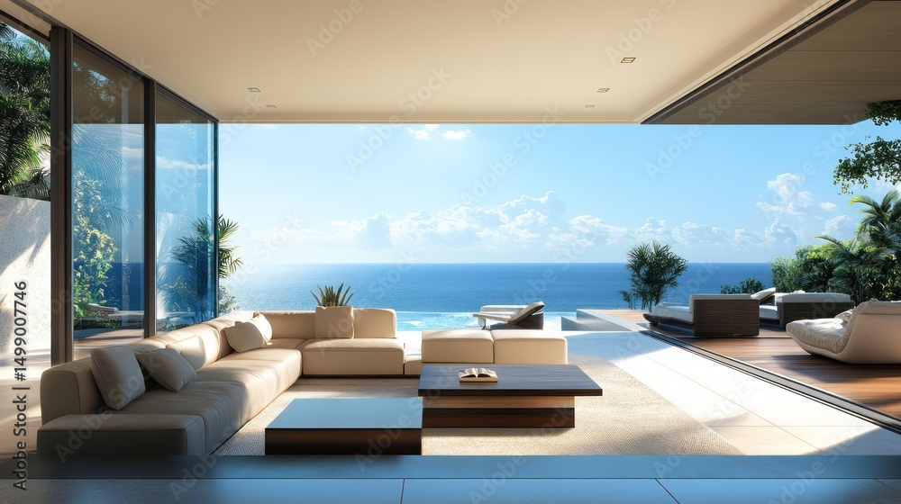 Fototapeta premium Luxurious living area with panoramic ocean view and coastal modern design