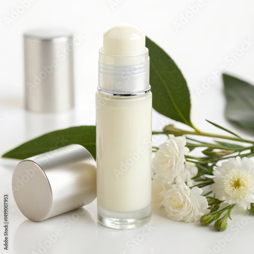A skincare product in a roll-on container surrounded by flowers and greenery.