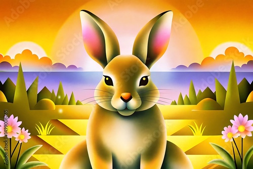 Illustration of a rabbit in a field with sunset and flowers generative ai
