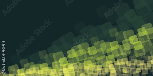 A modern abstract background features overlapping rounded squares in vibrant green and yellow tones on a dark backdrop, creating a dynamic, geometric, and stylish visual composition.