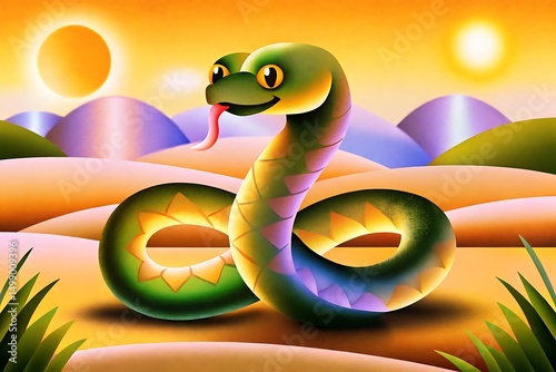 Cartoon snake in a desert landscape with two suns generative ai
