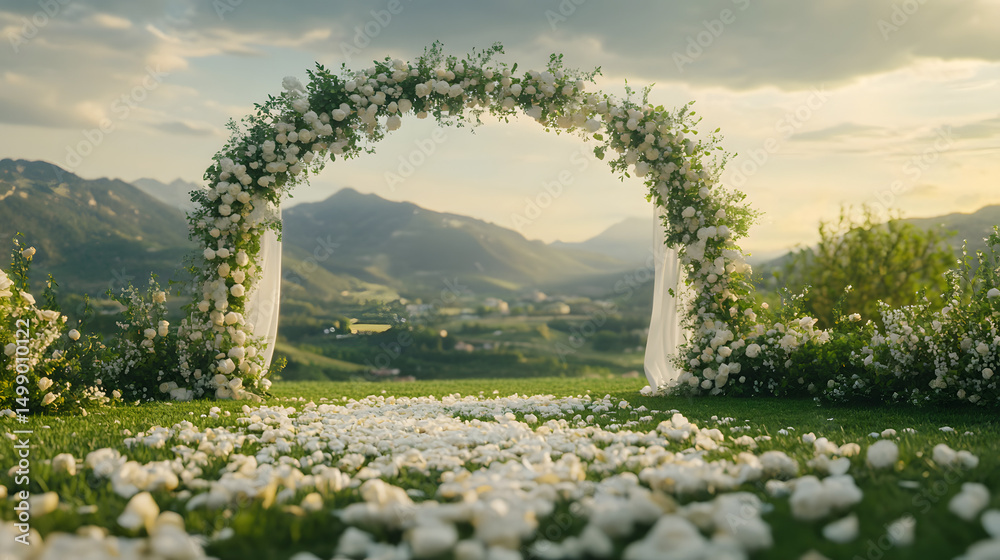 Fototapeta premium outdoor wedding ceremony setting, floral arch made of white roses and greenery, romantic mountain landscape in the background, soft natural lighting, petals scattered on the grass, elegant white