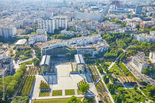 Aerial view of Parc Andre Citroen in 15th arrondissement of Paris, France.