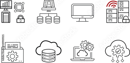 Network and Data Icons: A collection of vector line icons. The image captures essential elements such as cloud computing, servers, and data security.