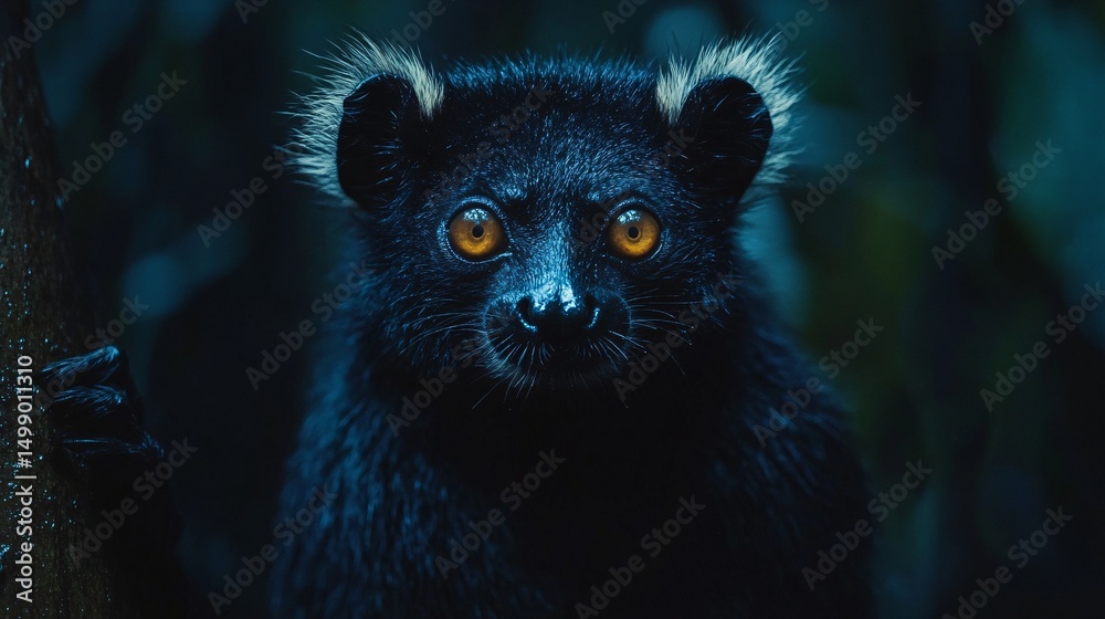 Naklejka premium Mysterious black lemur with intense, glowing amber eyes staring from the darkness of its natural habitat at night