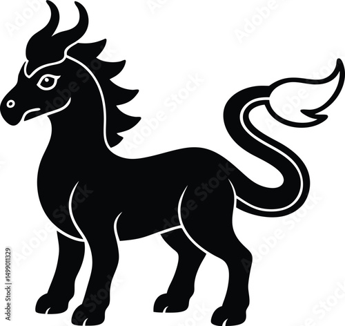 Black and white cartoon horse vector illustration with a running pony silhouette and funny tail