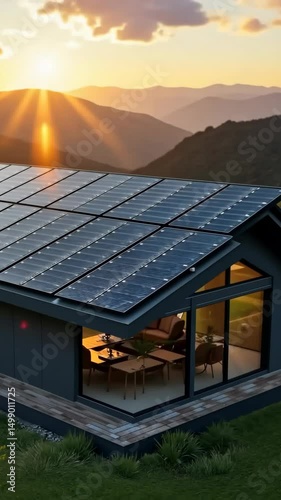 modern eco-friendly house with solar panels on roof at sunset in mountainous region, promoting sustainable living, zoom out, up, vertical