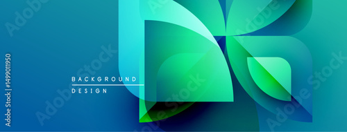 Abstract geometric shapes overlap, creating vibrant blue, green gradients. Modern design suggests technology, innovation, energy.