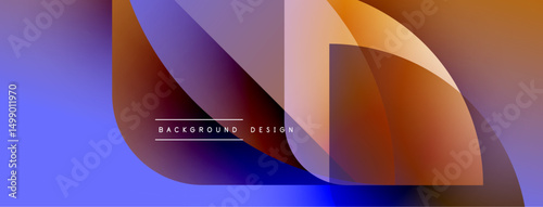Abstract geometric shapes overlap, creating vibrant color gradients. Blue, orange, purple hues blend smoothly. Modern design element.