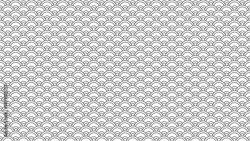 Repeating scallop pattern resembling fish scales in black outline on white. Geometric design, seamless texture, and decorative motif, perfect for backgrounds, textiles, and projects inspired by Asia