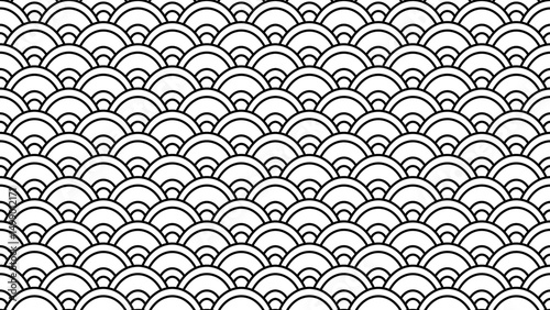 Repeating scallop pattern resembling fish scales in black outline on white. Geometric design, seamless texture, and decorative motif, perfect for backgrounds, textiles, and projects inspired by Asia