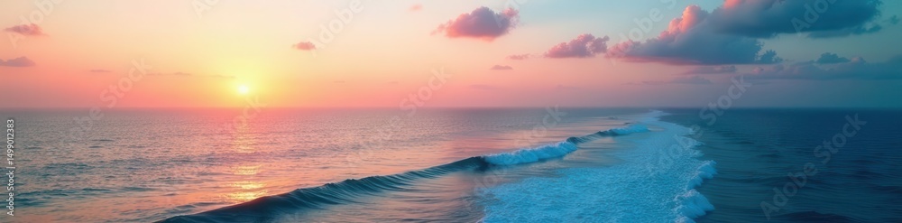 Fototapeta premium Coastal horizon captured by drone, ocean meets sky, coast, stock